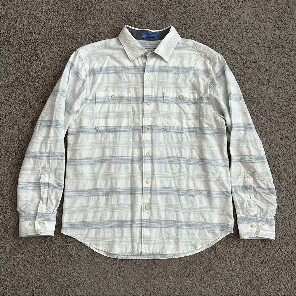 Tommy Bahama Striped Textured Cotton Button Up Shirt Mens M